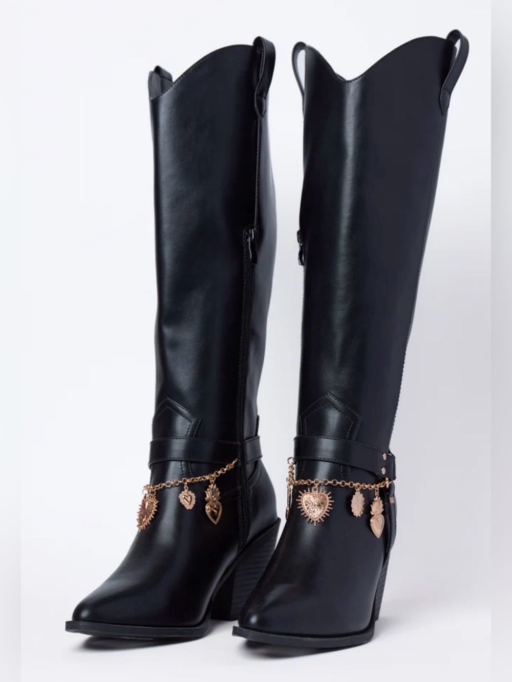 COMING SOON Cattle Black Faux Leather Heeled Embellished Boots, 9
